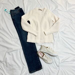 LOFT Cream Cable Knit Ribbed Crewneck Sweater Size Medium